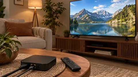 Aparelho de reprodução com cabos e controle remoto em mesa de centro, televisão com montanhas ao fundo.