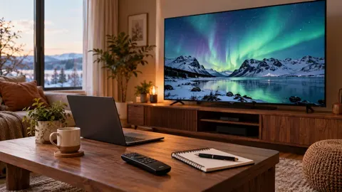 Televisão com aurora sobre montanhas, notebook e caderno sobre mesa de madeira.