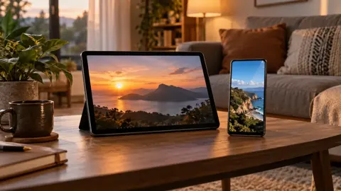 Tablet com paisagem ao pôr do sol e celular apoiados sobre mesa de centro em sala de estar.