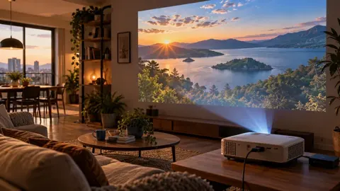 Projetor sobre móvel exibindo paisagem costeira ao pôr do sol na parede de sala iluminada.