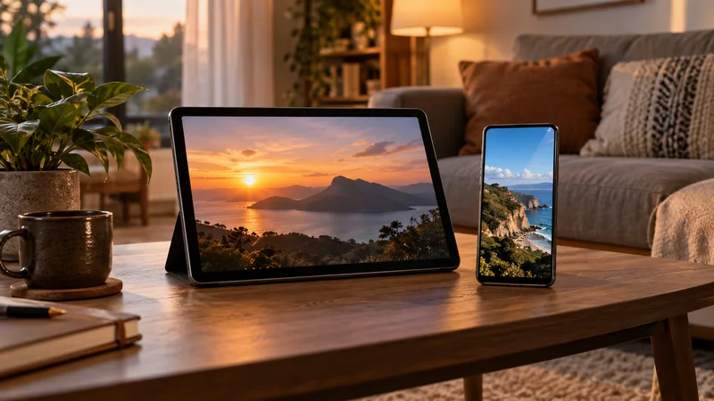 Tablet com paisagem ao pôr do sol e celular apoiados sobre mesa de centro em sala de estar.