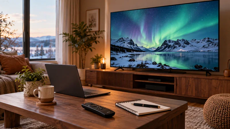 Televisão com aurora sobre montanhas, notebook e caderno sobre mesa de madeira.