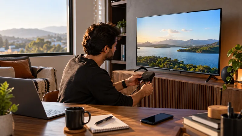Pessoa segurando aparelho diante de televisão com paisagem, celular e caderno sobre a mesa.