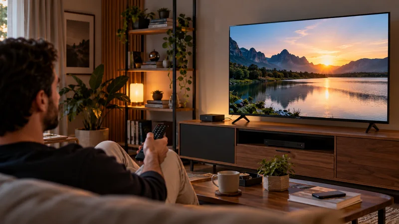 Pessoa no sofá com controle remoto diante de televisão com paisagem ao entardecer.