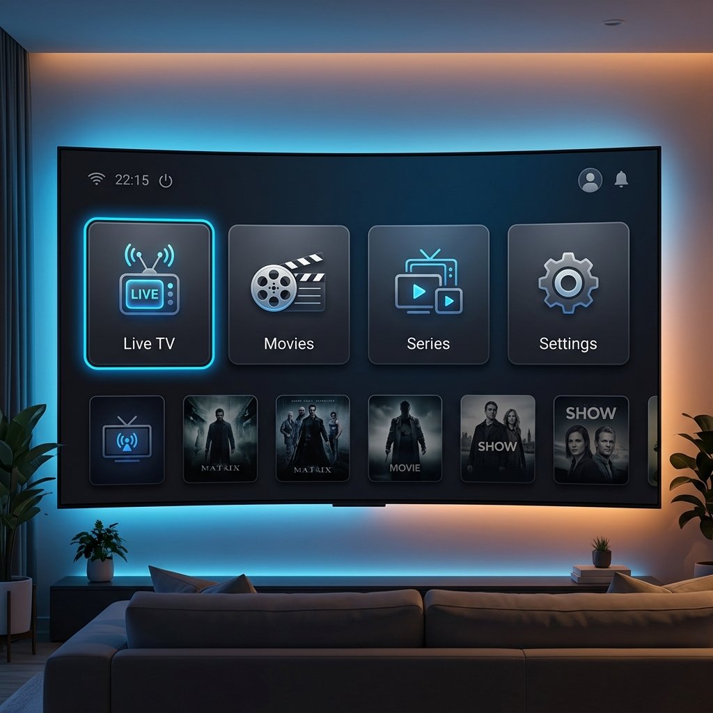 Interface gráfica do aplicativo XCIPTV em Smart TV com ícones de Live TV, Filmes e Configurações