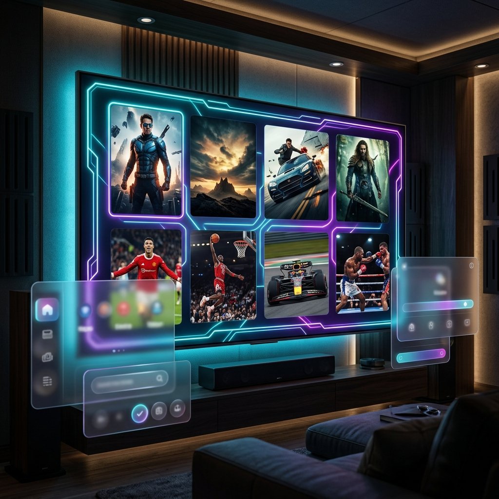 Painel de streaming moderno rodando canais em Smart TV em resolução 4K