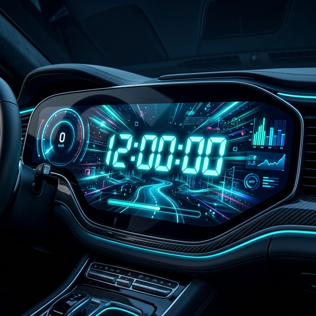 Painel digital mostrando cronômetro de contagem regressiva de 12 horas com neon azul