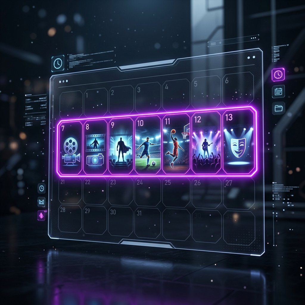 Interface de calendário futurista com 7 dias brilhando em neon lilás e azul